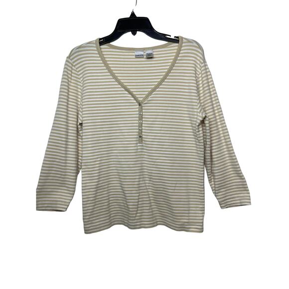 Chico's t-shirt knit tee women's 8 small white tan stripe v neck button detail - Picture 1 of 11